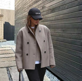 Vintage Brown Woolen Double Breasted Coat Women's V-Neck Thickened Warm Coat-Outfit
