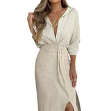 Fongt 2024 New Fashion Low-Cut Striped Shirt High-Waisted Slit Skirt Suit-Outfit