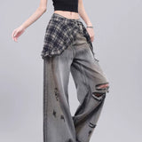 Fongt Skirt Jeans Women Autumn Retro Do Old Water Wash High Waist Tie With Horseshoes Super Fire Korean Micro-Rave Pants