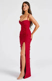 Mesh Floral Embroidered Strap Slit Midi Dress-Outfit