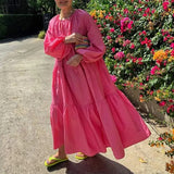 Holiday Pleated Dresses Casual Women Solid Dress Long Lantern Sleeve Maxi Dress Stylish Vestido VONDA Beach 2022 Long