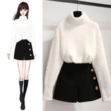 Winter white turtleneck thick warm sweater and shorts two piece set korean clothing set women knitted suits outfit