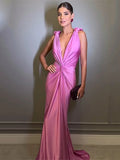 Pink Satin Deep Neck Pleated Maxi Dress-Outfit
