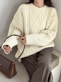 Crew Neck Cable Knit Pullover Sweater-Outfit