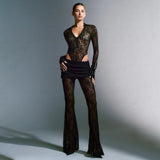 Fongt Sexy Lace Stitching Deep V Long Sleeve Top Slim See-Through High Waist Bell Bottoms Women's Suit-Outfit