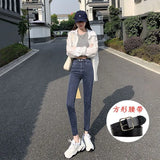 Fongt New Fall 2024 Model Wears High-Waist Elastic Tights, Pencil Pants, Blue And Gray Jeans, Children's Clothes-Outfit