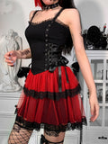Dark Harajuku Gothic Aesthetic Women Mini Dresses Punk Grunge Mesh Patchwork A-line Dress Sexy Lace Up Bodycon Alt