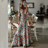 Fongt Summer New Women's Wear Temperament Holiday V Collar Print Large Place Long Dress-Outfit