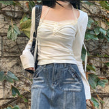 Lace Trim Square Collar Lace Ribbon Long Sleeve Tee-Outfit