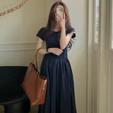 Fongt Chic Summer Simple Temperament Round Collar Fold Closed Waist Show Thin Short Sleeve Large Swing T-Shirt Dress Long Skirt-Outfit