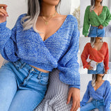 Fongt Wind Real Autumn And Winter Color Cross V Neck Lantern Sleeve Open Umbilly Sweater Women's Clothing