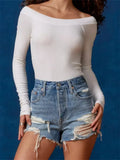 Women Slim Off-Shoulder Tees Tops Solid Color/Striped Print Long Sleeve Slash Neck T-Shirts Clubwear Spring Fall 2023-Outfit