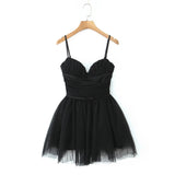 Black Mesh Frill Tulle Strap Mini Dress-Outfit