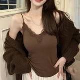 Fashion Korean Version Women's Crop Top Solid Color Lace Stitching V Neck With Chest Pad Sleeveless Tank Tops-Outfit