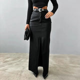 Fongt Women's Wear 2024 Leather Design Sense Open Fork Solid Color High Waist Simple Leather Slim Body Skirt-Outfit