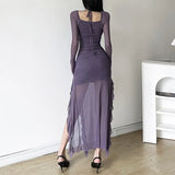 Fongt Temperament Flounce Square Collar Slit Dress Female Solid Color Long Sleeve Strap Wrap Buttock Long Skirt-Outfit