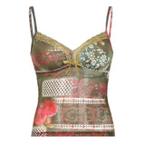 Girls Retro Plant Printing Ribbon Strap Bow Tie Lace Splice Belt V-Collar Jacket Small Vest-Outfit