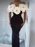 New Independent Design Shoulder Three-Dimensional Flowers Decorated With Elegant Sexy Black Banding Evening