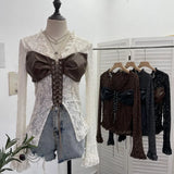Real Shooting V Tie With Retro 2024 New Hottie Sexy Lace Splicing Pu Skin Hollow Shirt Top