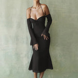 Fongt High Waist Hanging Neck Sexy Back Solid Color Slim Fish Tail Temperament Dress Long