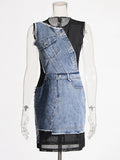 Trend-Collyed Denim Dress 2025 Summer New Mesh Spliced Sleeveless Round Collar Short Fashion Dress