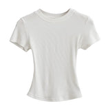 Trend Women's Wear Thread Slim Short-Sleeved T-Shirt Sexy Round Collar Solid Color Shoulder Show Thin Short Navel Blouse-Outfit