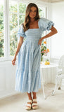 Plaid Puff Sleeve Midi Dress-Outfit