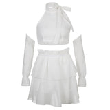 Casual Slim Solid Dress Set Women Holiday 2 Piece Sets Bow Crop Top With Gloves Mid-Waisted Mini Skirts With