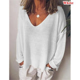 V-neck Pullover Cotton Solid Color Long Sleeve Women's