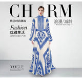 Fongt Collar Lantern Sleeve Positioning Printing Waist 100 Folds Long Dress Dress Women's Dress 2025 New