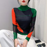 Women's Autumn Winter Long Sleeve Turtleneck Mesh T-shirts Female's Positioning Printing Tee Top FF0851-Outfit