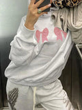 Street Bow Print Drawstring Oversized Hoodie-Outfit