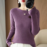 Fongt Round Collar Knit Women's Thin Early Spring And Autumn With A Sweater Long-Sleeve T-Shirt Wool Undershirt Loose.-Outfit