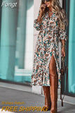 Winter Long Floral Print Dress Robe for Women 2023 Casual Long Sleeve Split Dress Female Boho Elegant Maxi Party