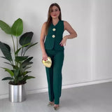 Fongt Summer New Solid Color Sleeveless Slim Vest Temperament Commuter Suit Pants Suit-Outfit