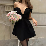 Black Off-shoulder Deep Neck Mini Dress-Outfit