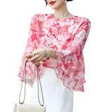 Goddess Pink Pink Imitation Silk Printed Seven-Cent Lotus Leaf Sleeve Round Collar Loose Blouse-Outfit