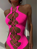 Hollow Out One Piece Swimsuit Women High Neck Solid Black High Cut Backless Swimwear Monokini Bandage Holiday Bathing