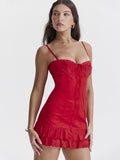 Red Lace Patchwork Buttoned Mini Dress-Outfit