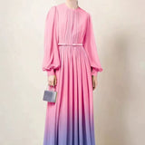 Fongt Elegant High-End Gradient Dress Women Spring Skinny Temperament Folding Long Skirt