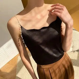 Silk Acetate Beading Solid Halter Top Pearl Spaghetti Camis Backless Elegant Fashion Office Lady Women's Tank