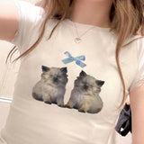 Summer New Ins Style Street Girls Slim, Thin, Short Sleeves, Cat Bowtie Printed T-Shirts-Outfit