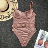 Solid White Buckle One Piece Swimsuit Women High Cut Metal Chain Strap Push Up Bra Monokini Bathing Suit Bodysuit