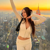 2 Piece Sets Women Tracksuit Long Sleeve Zipper Hooded Sweater Crop Top Flare Pants Stretch Matching Suit Outfit-Outfit