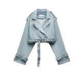 Fongt Summer New Vintage Wash With Old Belt Lapel Loose Denim Jacket 2569076-Outfit
