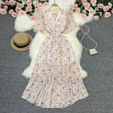 Fongt Wind Temperament Sweet Broken Flower V Collar Dress Beach Vacation Snow Spinning A Word Long Skirt-Outfit