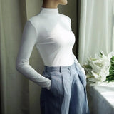 Solid Bottoming t Shirt Women Spring Autumn Tee Shirts Korean Turtleneck Slim Long Sleeve Black White T-shirts 90s tops