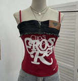 Design-Sensitive Edge Denim Spliced Letter Embroidered Sling Sling Vest T-Girls Short Top