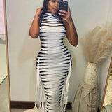 Fringed Tassel Body-shaping Maxi Dress Women Sleeveless Party Night Club Long Dresses Elegant Turtleneck Slim Prom Dress-Outfit