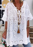 Fongt Women's New V-Neck Hollow Embroidered Blouse Short-Sleeved